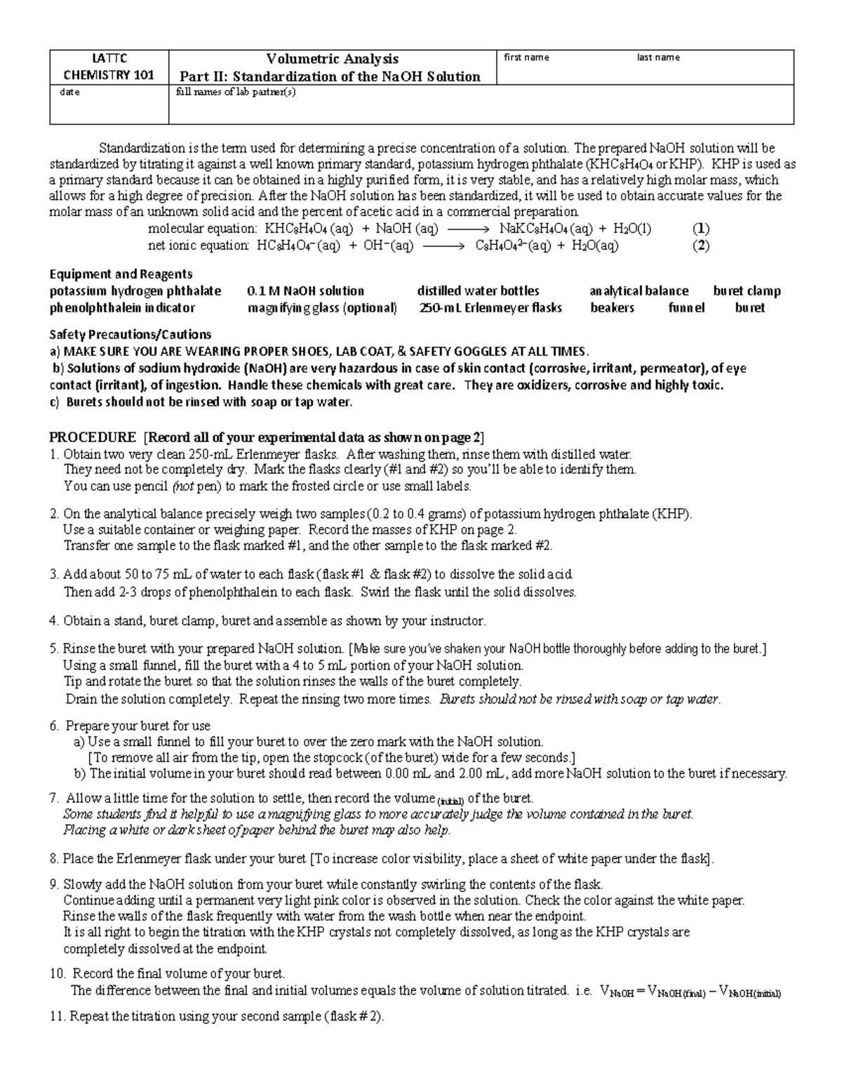 Lab8 Volumetric Analysis p2 - LATTC CHEMISTRY 101 Volumetric Analysis ...