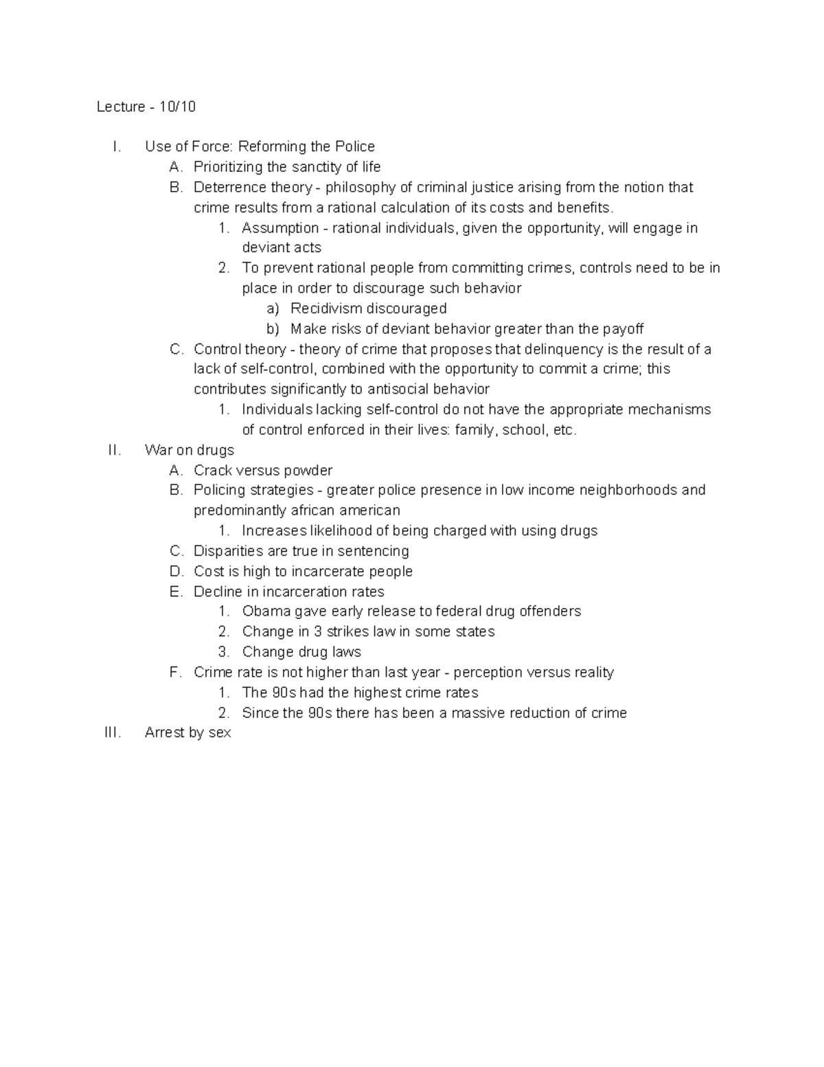 Lecture 10 Notes - Lecture - 10/10 I. II. III. Use of Force: Reforming ...