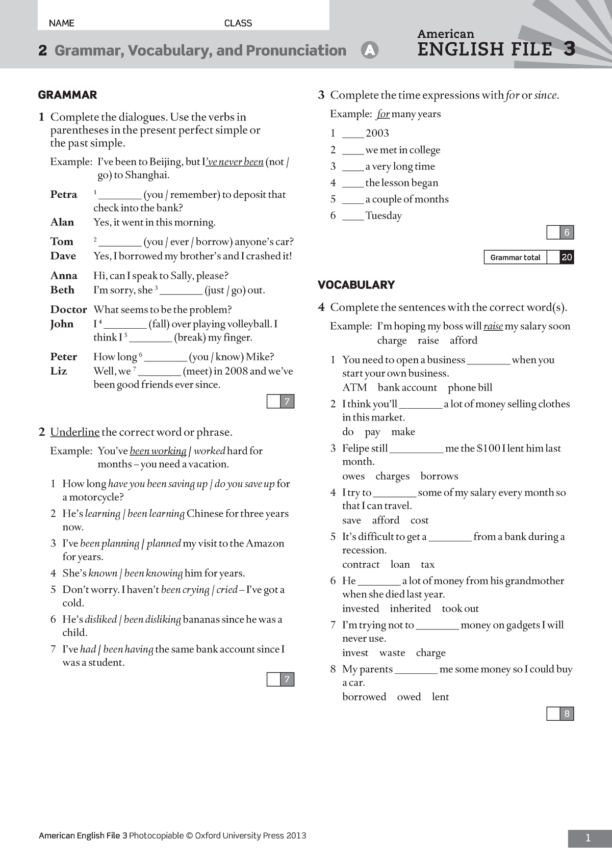 American English File 3 Unit 2 Test A 2 Grammar Vocabulary And 