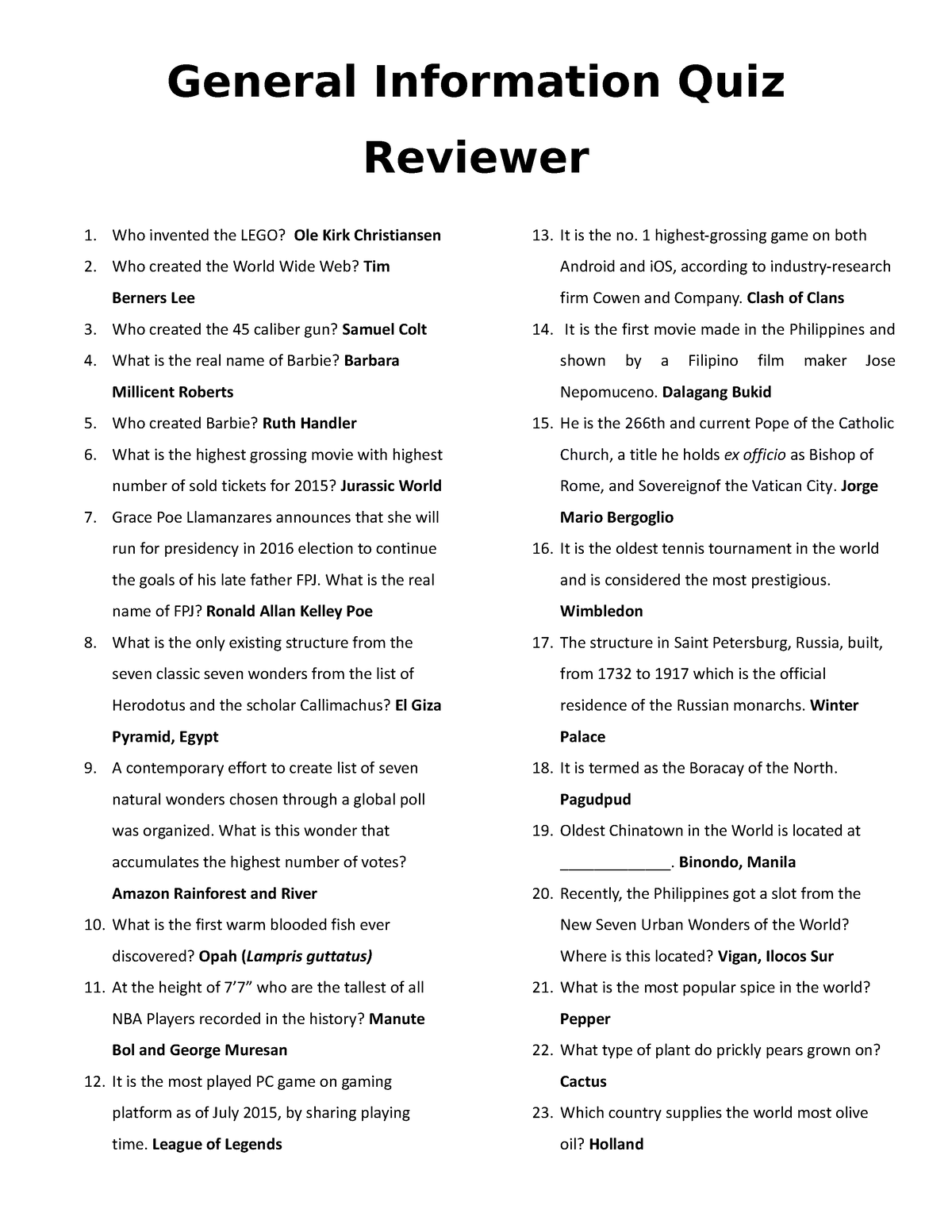 General Information Quiz Bee Reviewer 1 - General Information Quiz ...