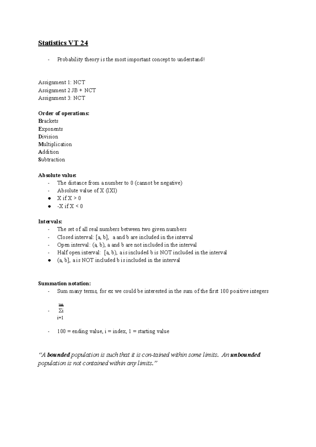 Statistic VT 24 - notes - Statistics VT 24 - Probability theory is the ...