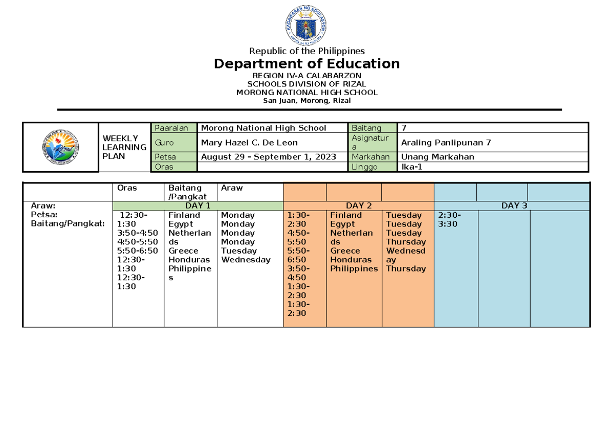 Ap Wlp Week Q1 Format ` Republic Of The Philippines Department Of Education Region Iv A 3510