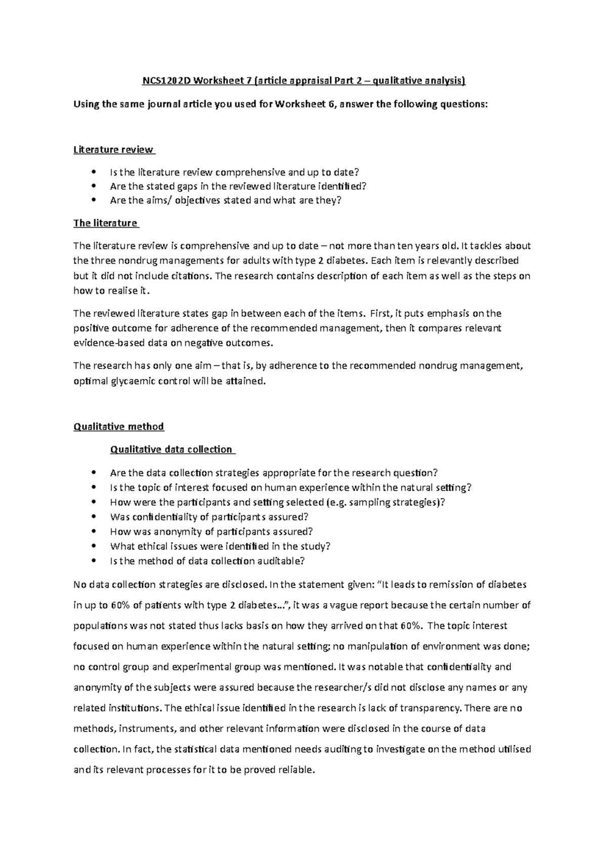 Worksheet 7 - NCS1202D Worksheet 7 (article appraisal Part 2 ...