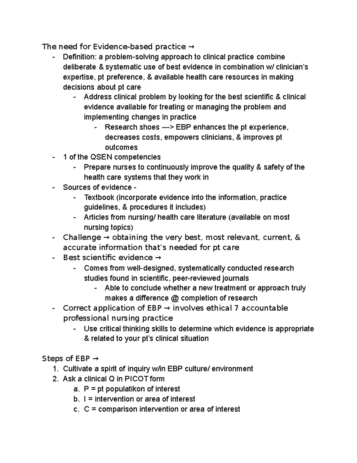 NURS 272 EBP - Lecture notes 4 - The need for Evidence-based practice → ...