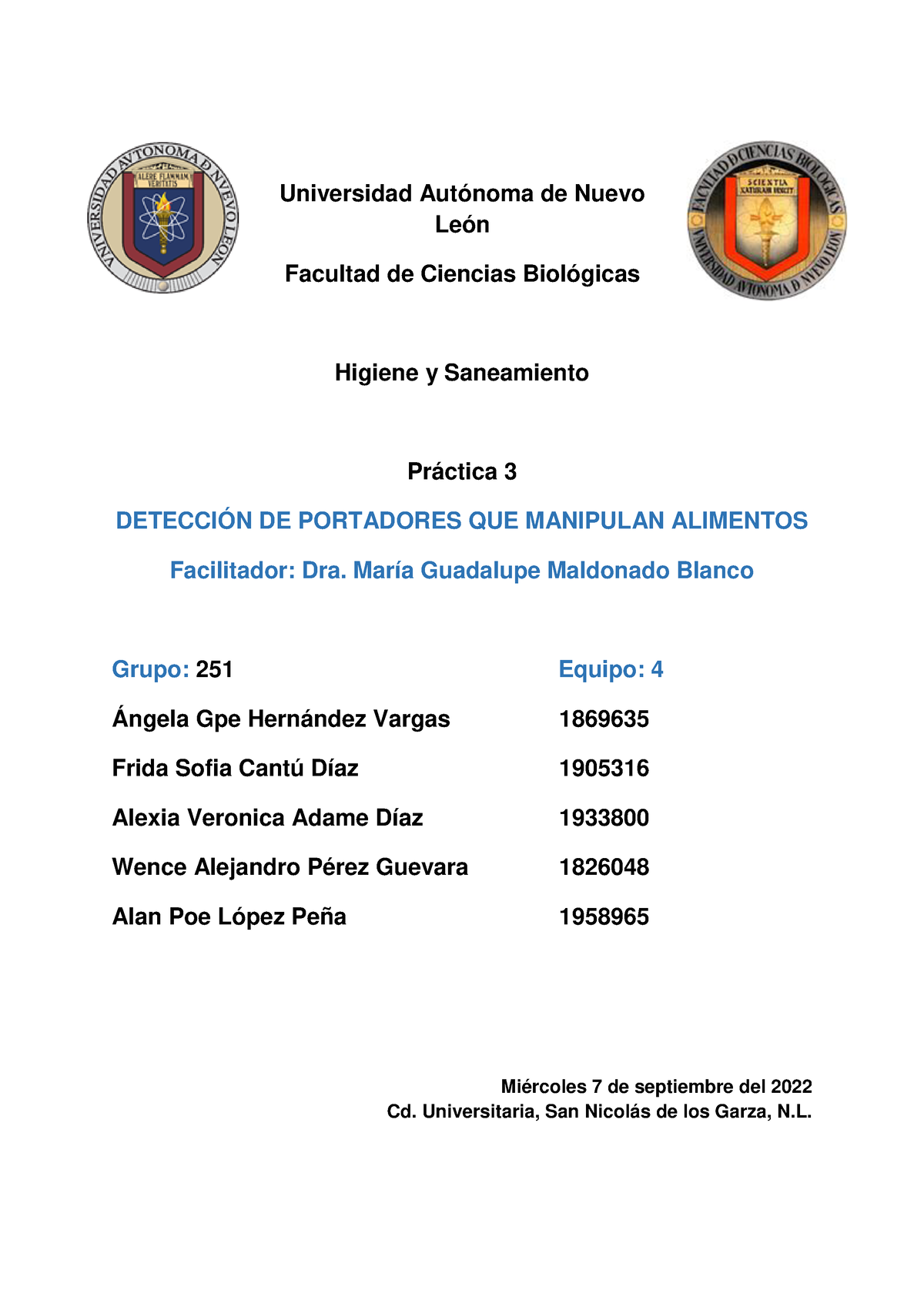 Practica 3 Hys Universidad Autónoma De Nuevo León Facultad De Ciencias Biológicas Higiene Y 8756