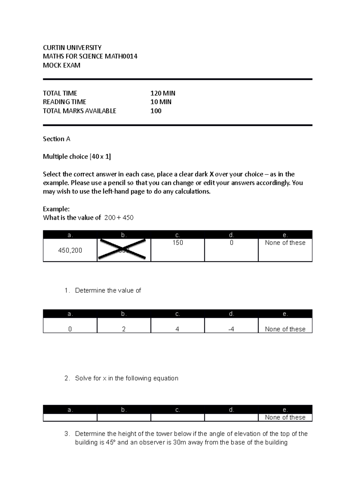 Mock Exam Updated - Practice exam for entire unit - CURTIN UNIVERSITY ...
