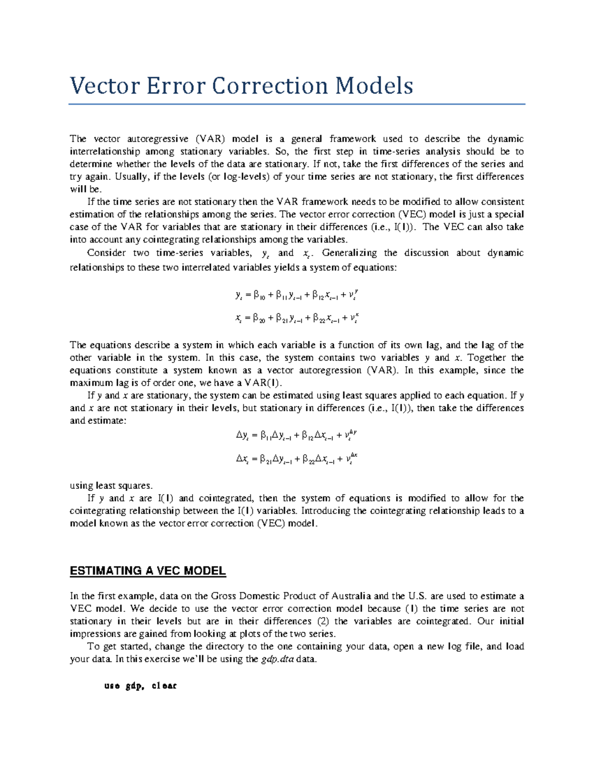 Vector Error Correction Models - So, the first step in time-series ...