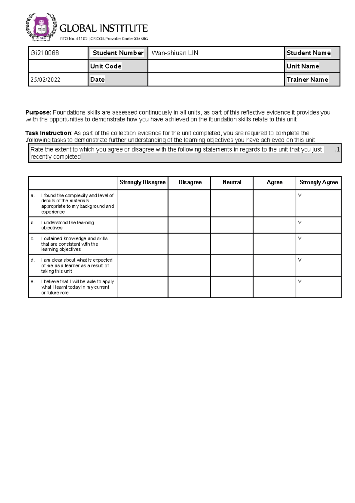 Learner Reflection Evidence Form V22 - Gi210066 Student Number Wan 