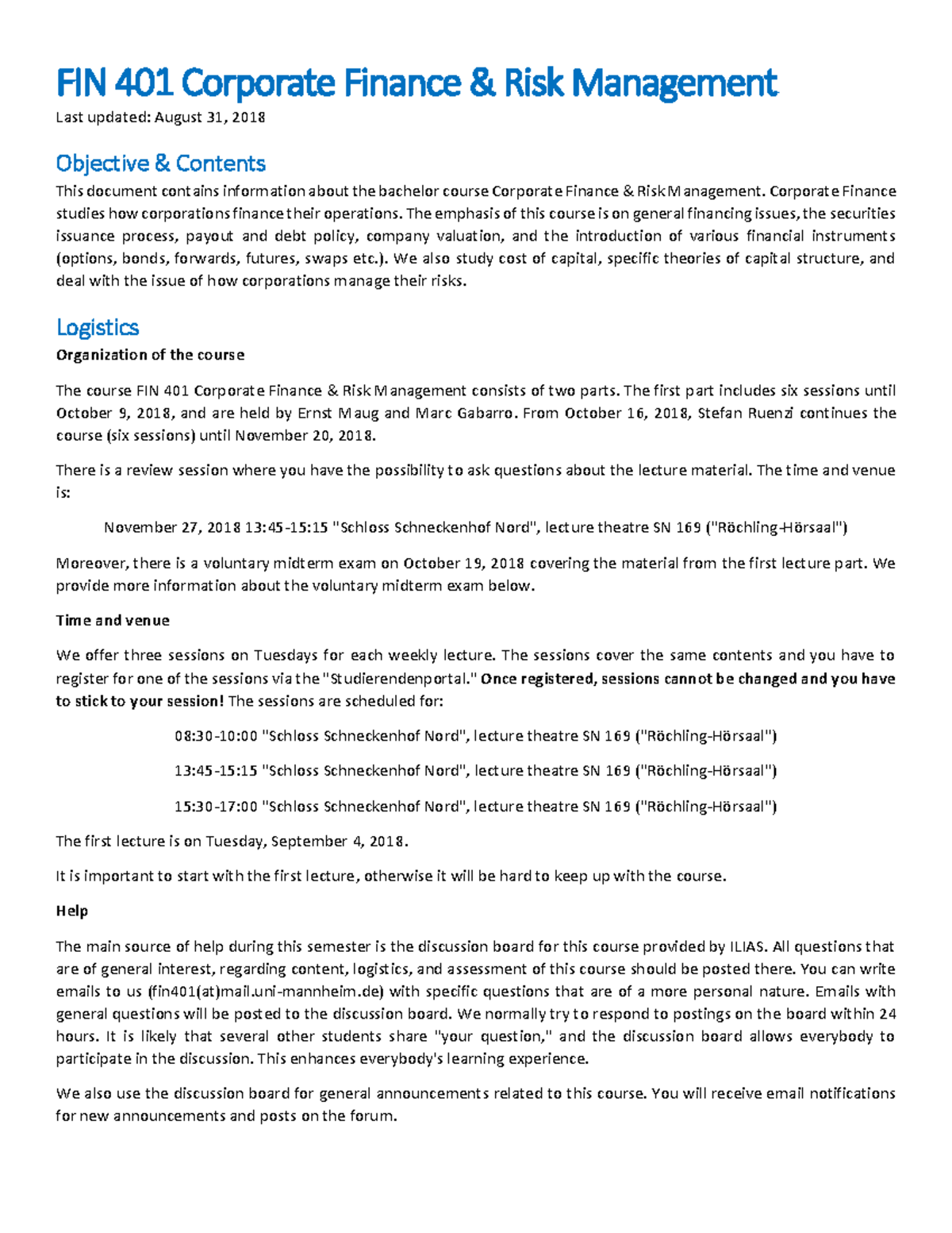 FIN 401 Corporate Finance & Risk Management Syllabus - FIN 401 ...