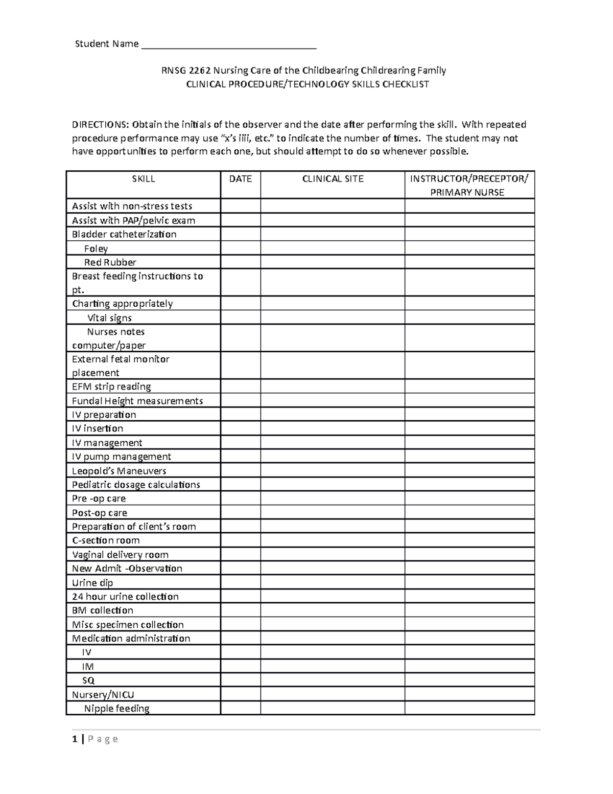 Skills sheet for checkoffs not sure which one - Student Name