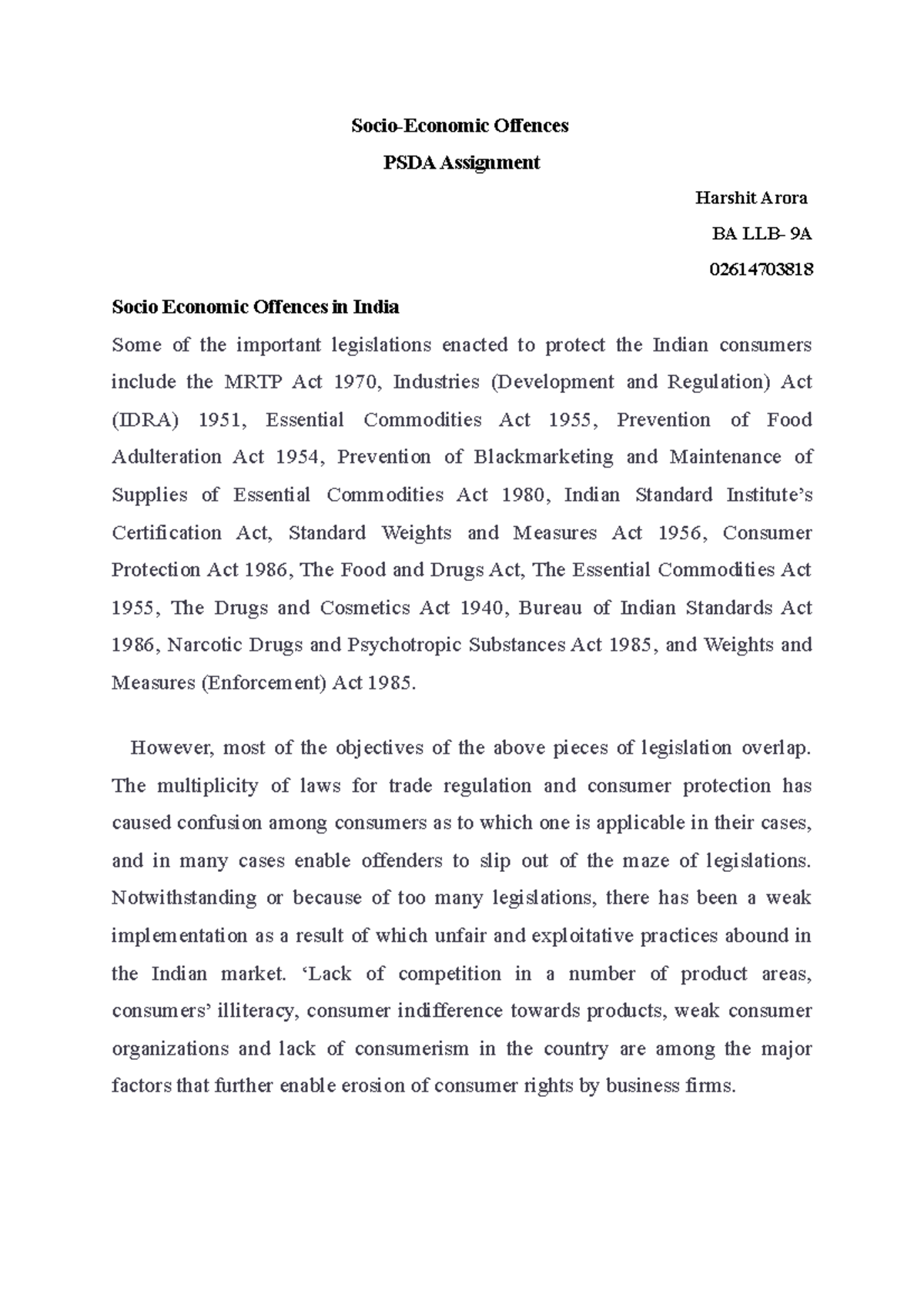 Socio - SEO NOTES - Socio-Economic Offences PSDA Assignment Harshit ...
