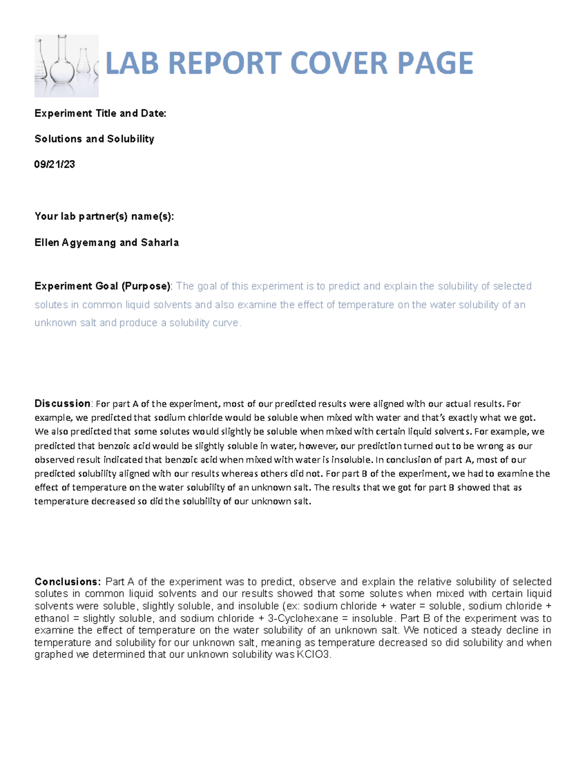 Solutions and solubility report - Experiment Title and Date: Solutions ...