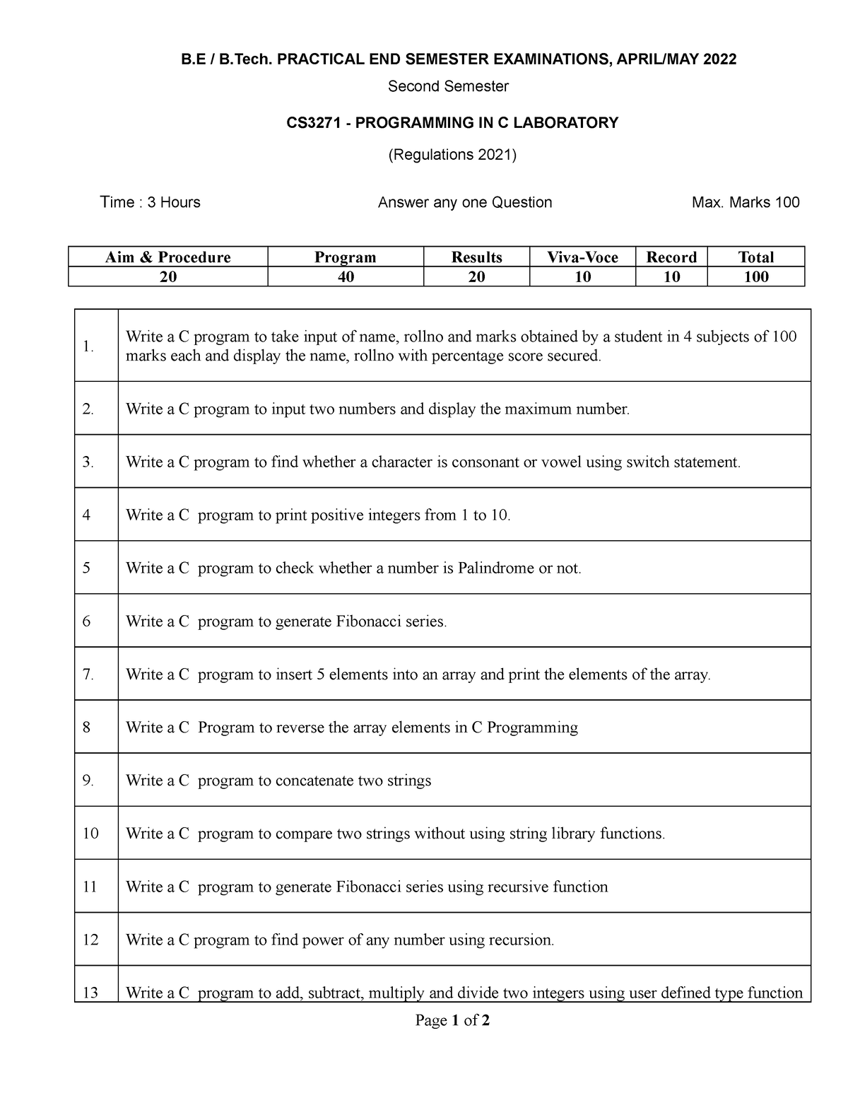 CS3271 SET1 - B / B. PRACTICAL END SEMESTER EXAMINATIONS, APRIL/MAY ...