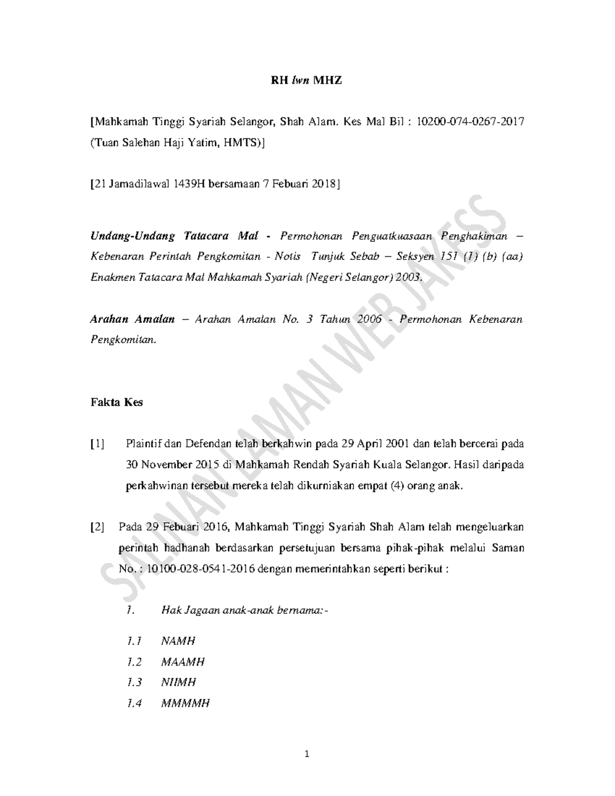 RH v MHZ - case law - RH lwn MHZ [Mahkamah Tinggi Syariah Selangor 