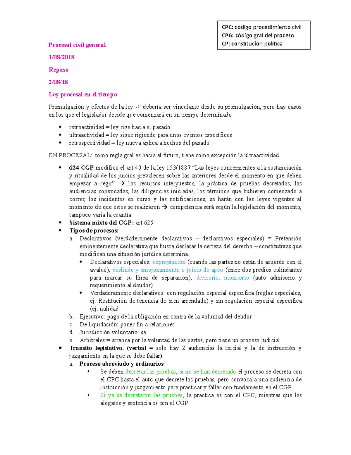 Resumen PCG - Procesal civil general CPC: procedimiento civil CPG: gral ...