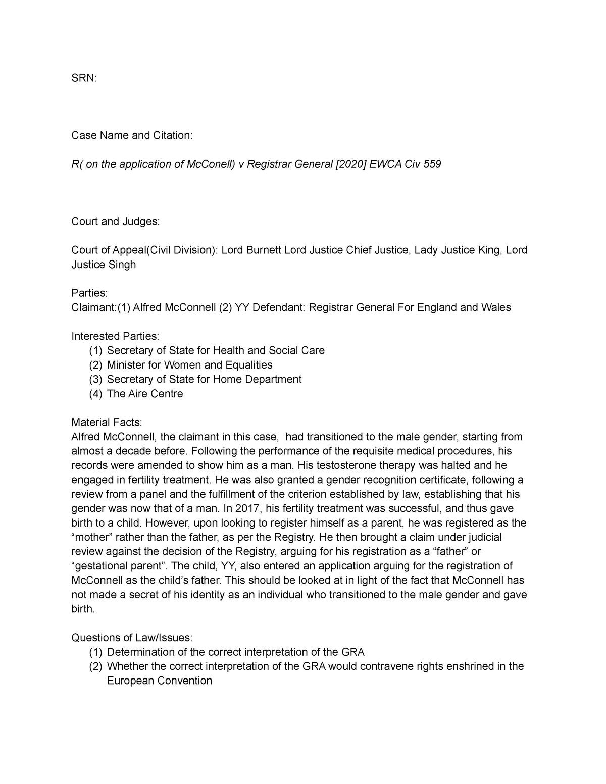 LSM Case Note - LSM Case note - SRN: Case Name and Citation: R( on the ...