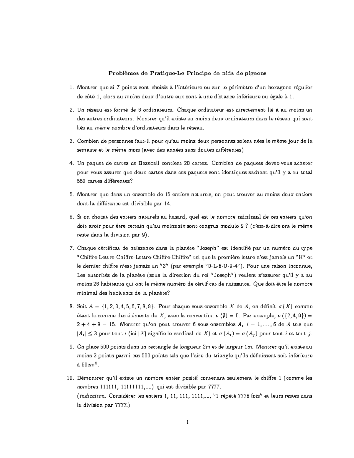 Pigeon - Pratical exercices - Probl`emes de Pratique-Le Principe de ...