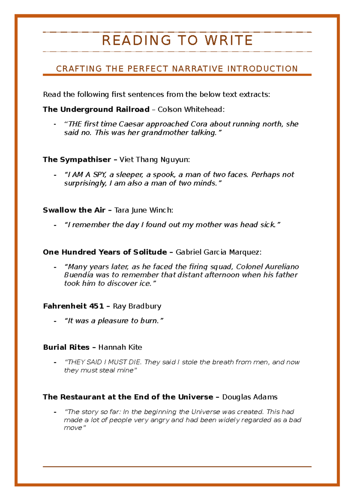 Reading to write Class notes R E A D I N G T O W R I T E CRAFTING