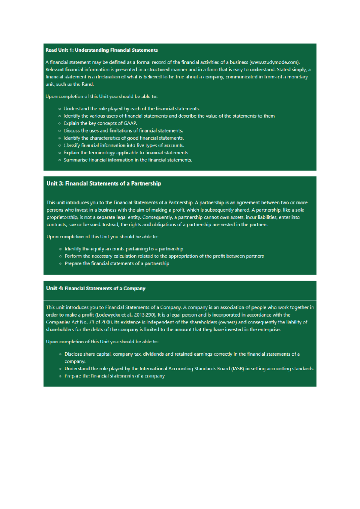Learning Outcomes Unit 1 - 5 Financial Reporting & Analysis - Read Unit ...