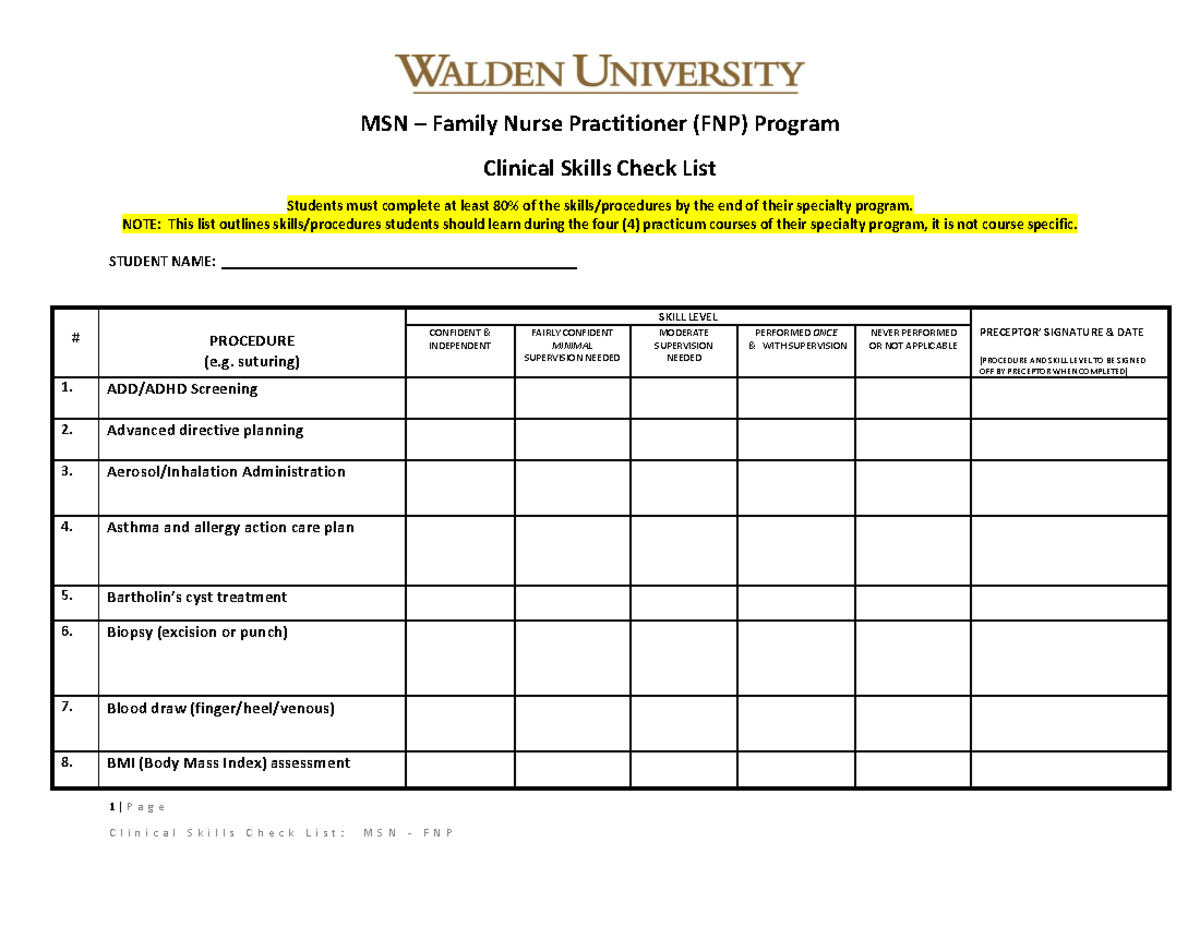 Clinical Skills Check List FNP 1 P a g e MSN Family Nurse Practitioner (FNP) Program