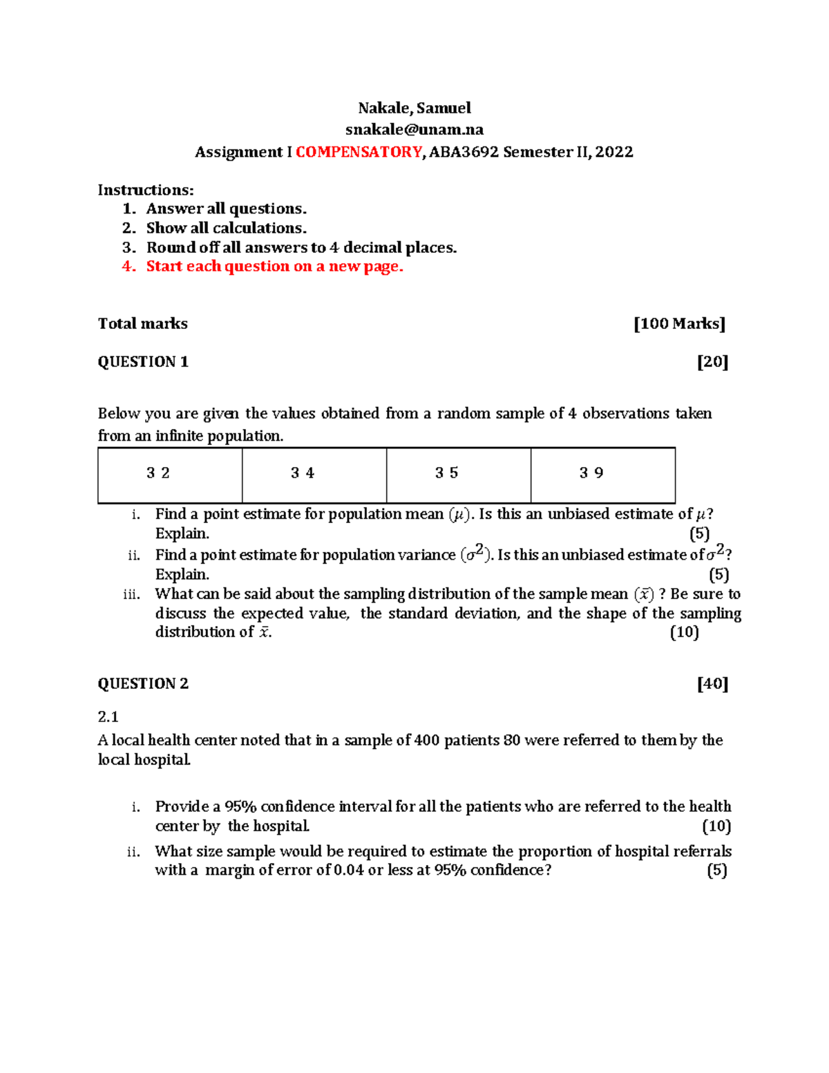 ABA3692 Compensatory Assignment 1 and 2 2022 - Nakale, Samuel snakale ...