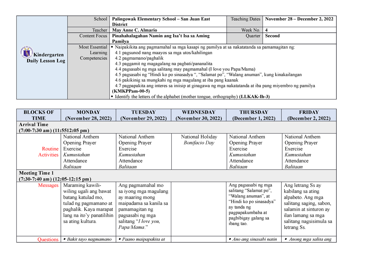 Kindergarten Dll Melc Q2 Week 4 Asf Kindergarten Daily Lesson Log School Palingowak Elementary 4517