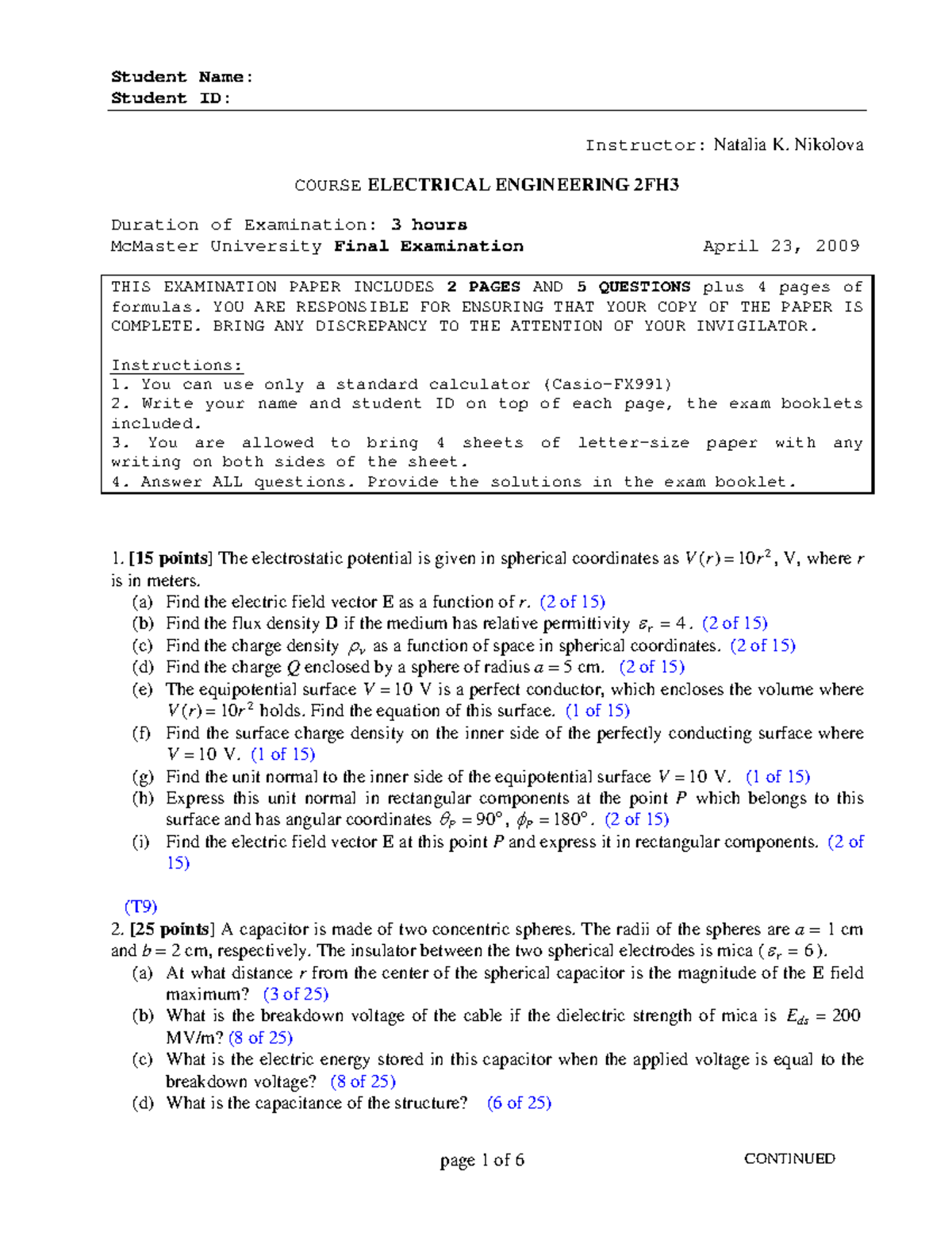 Final Exam 2009 - Elec Eng 2Fh3 - McMaster - Studocu