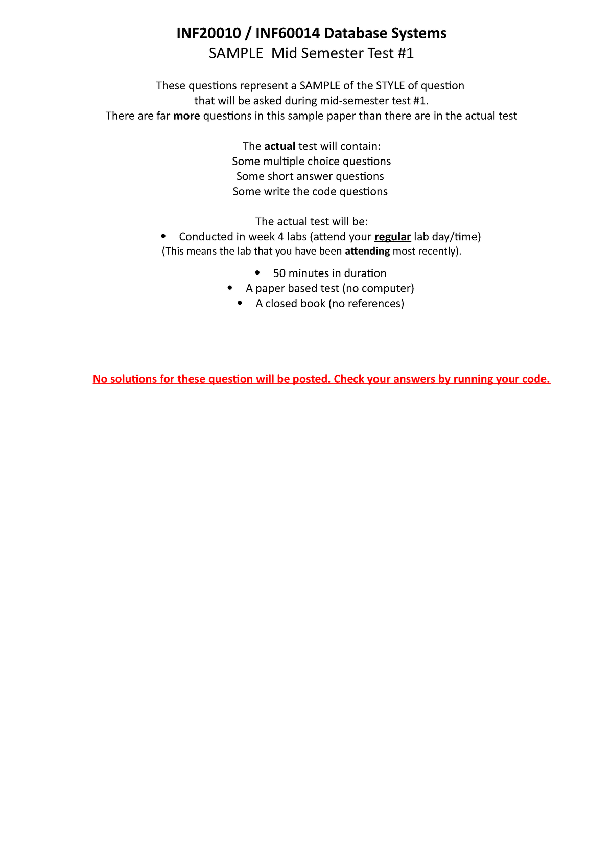 INF2001 0 Test1 Sample Questions - INF20010 / INF60014 Database Systems ...