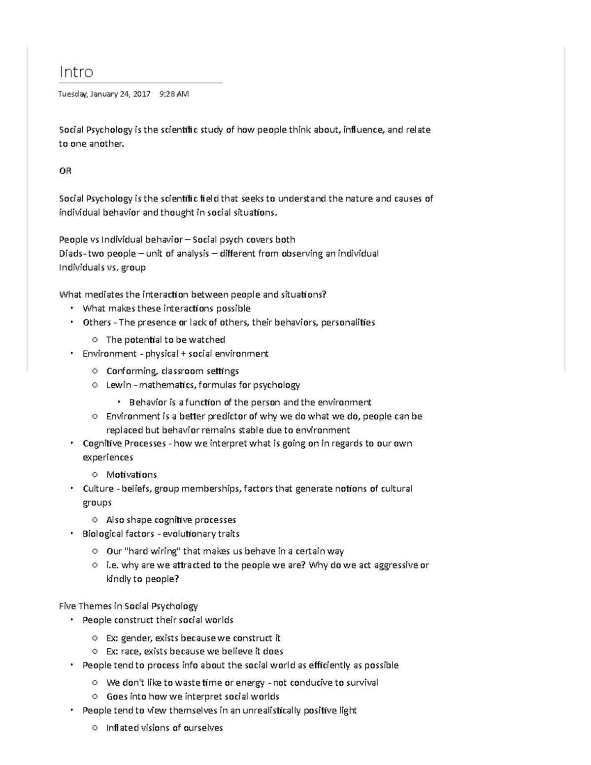 Intro to Social Psych - Lecture notes Week 1 - Warning: TT: undefined ...