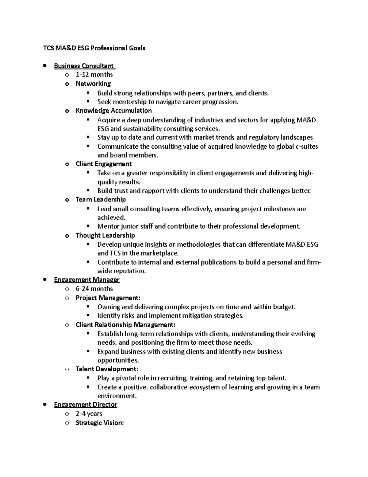 Goals TCS Consulting TCS MA&D ESG Professional Goals Business