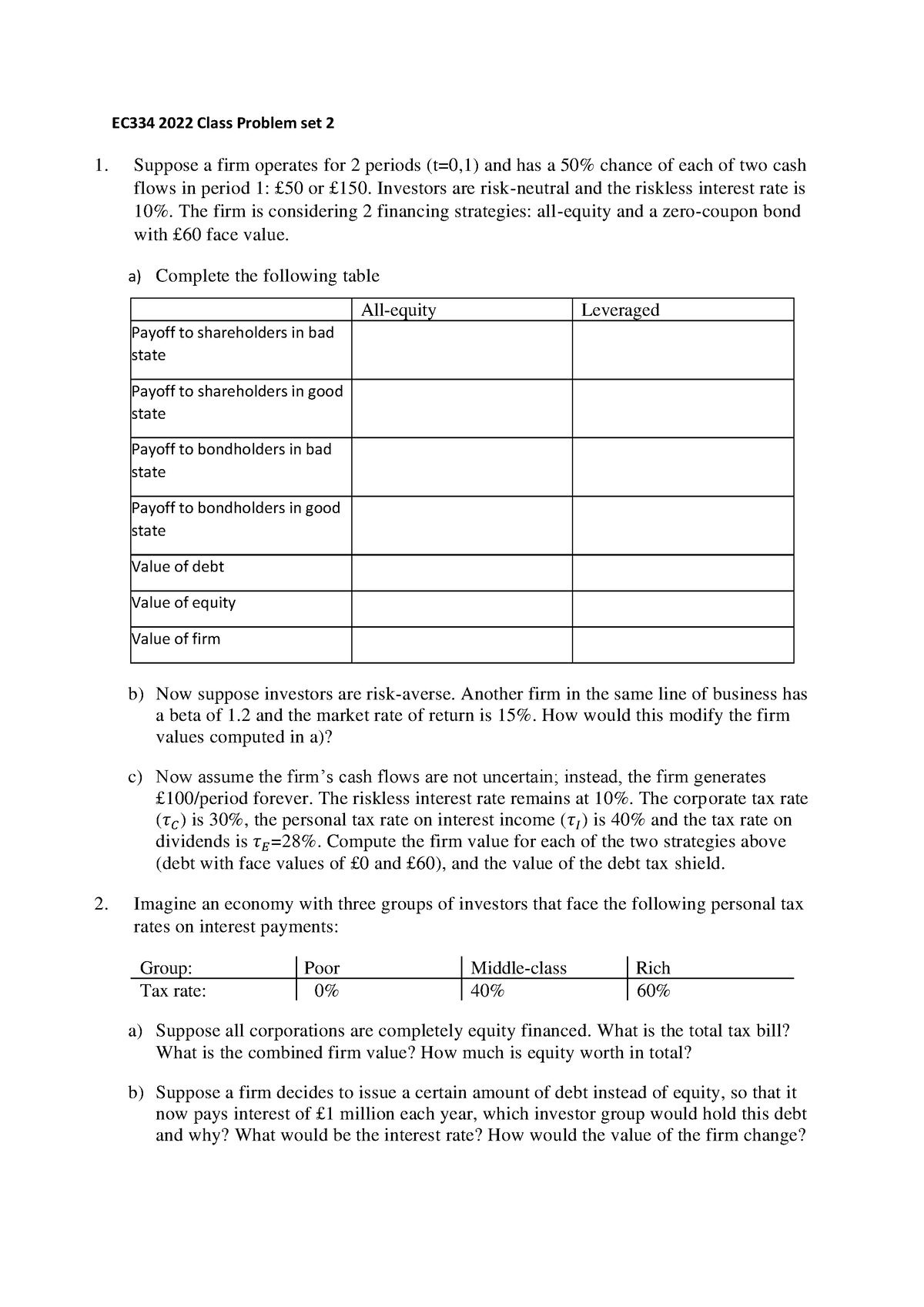 EC334 2023 Class Problem set 2 - EC334 2022 Class Problem set 2 Suppose ...