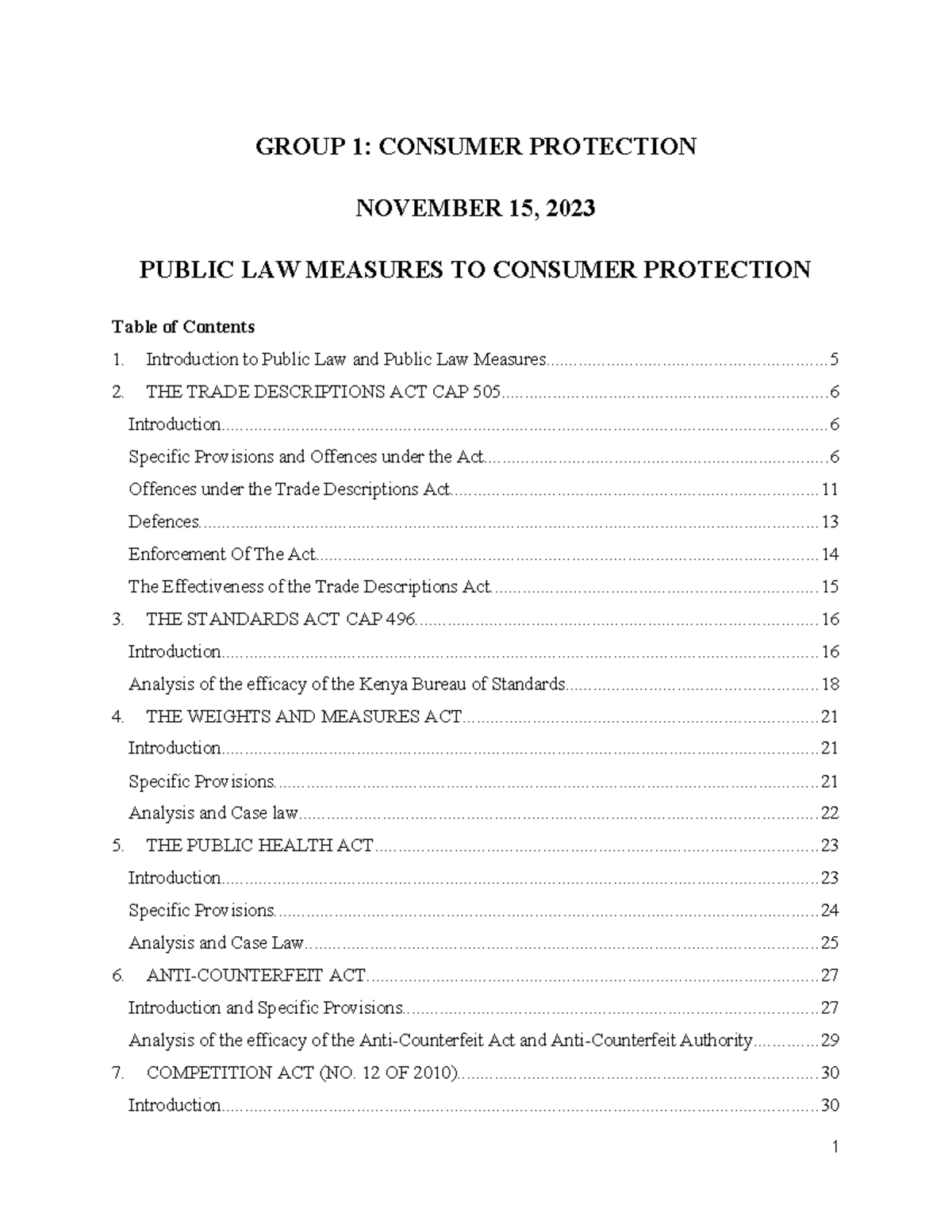 Group 1 Public LAW Measures FOR Consumer Protection GROUP 1 CONSUMER PROTECTION PUBLIC LAW