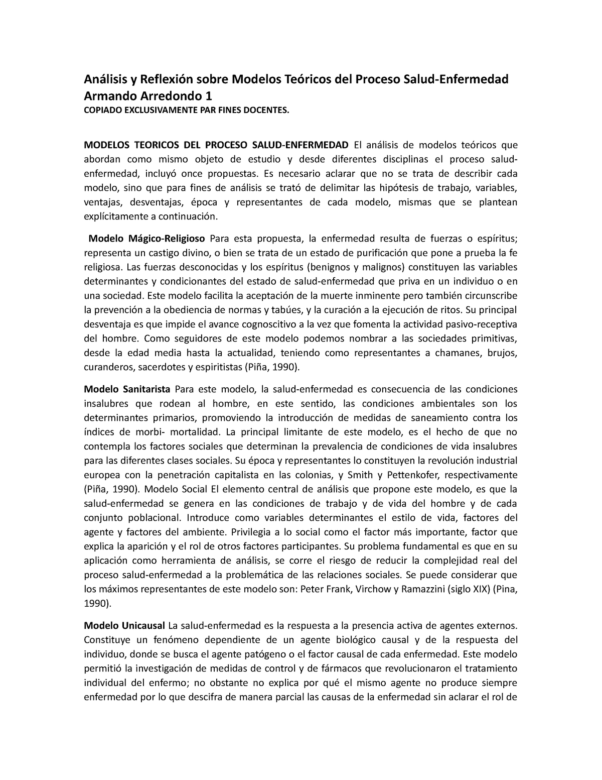 Modelos Teoricos DEL Proceso Salud Doc Word Análisis y Reflexión