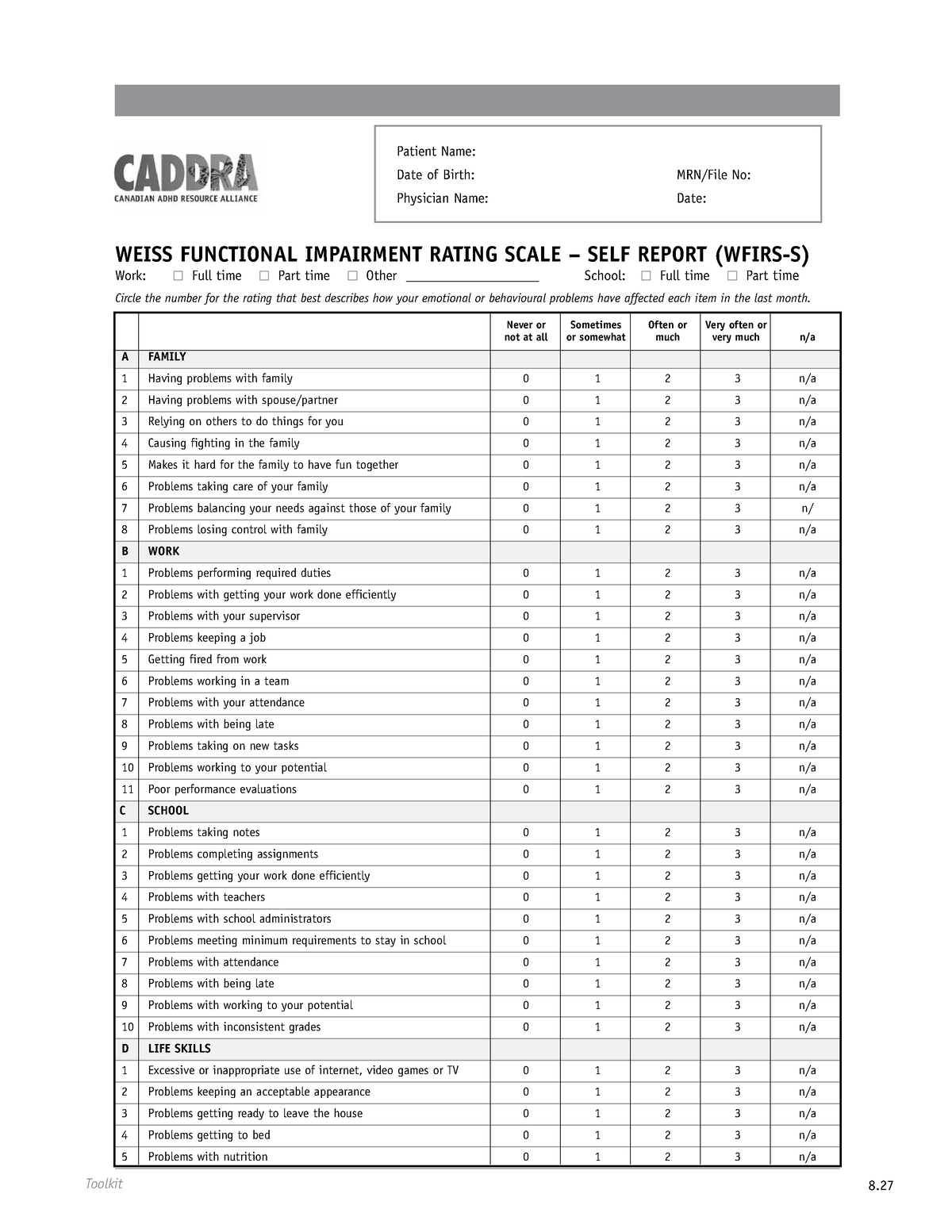 Caddra Guidelines 2011 Wfirs S - Toolkit 8. WEISS FUNCTIONAL IMPAIRMENT