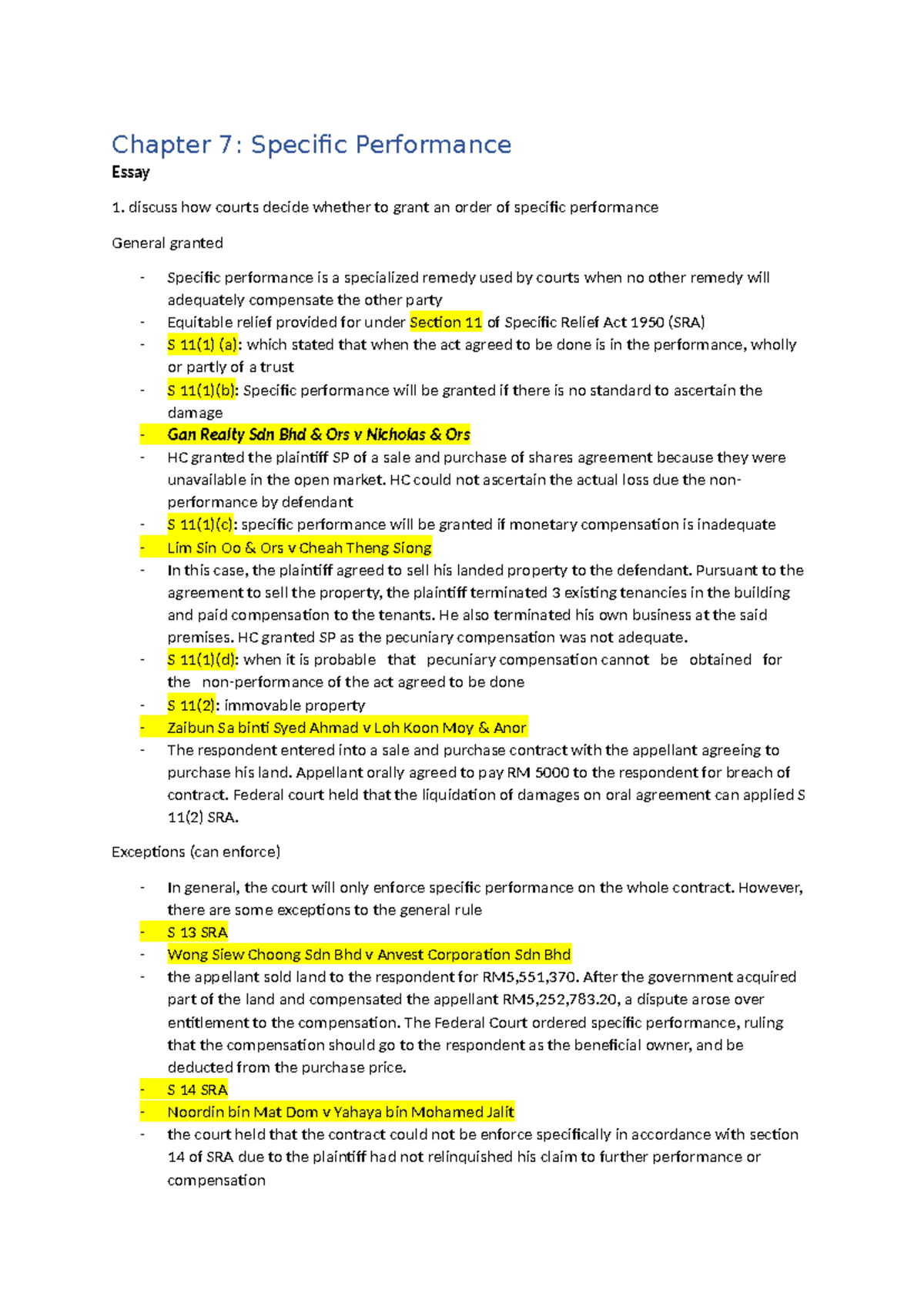 Specific Performance and injunction - Chapter 7: Specific Performance ...