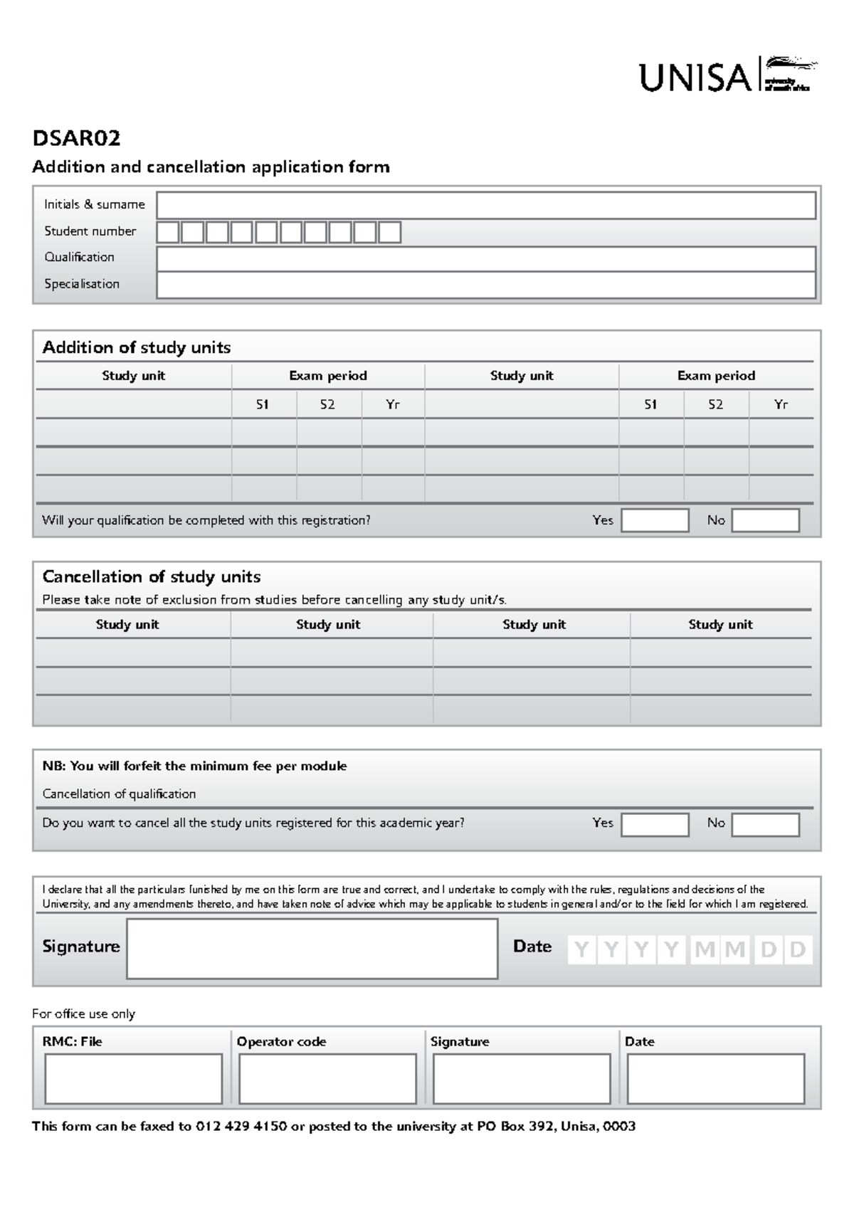 38217102 fillable unisa forms unisa ac 123 addition and cancellation