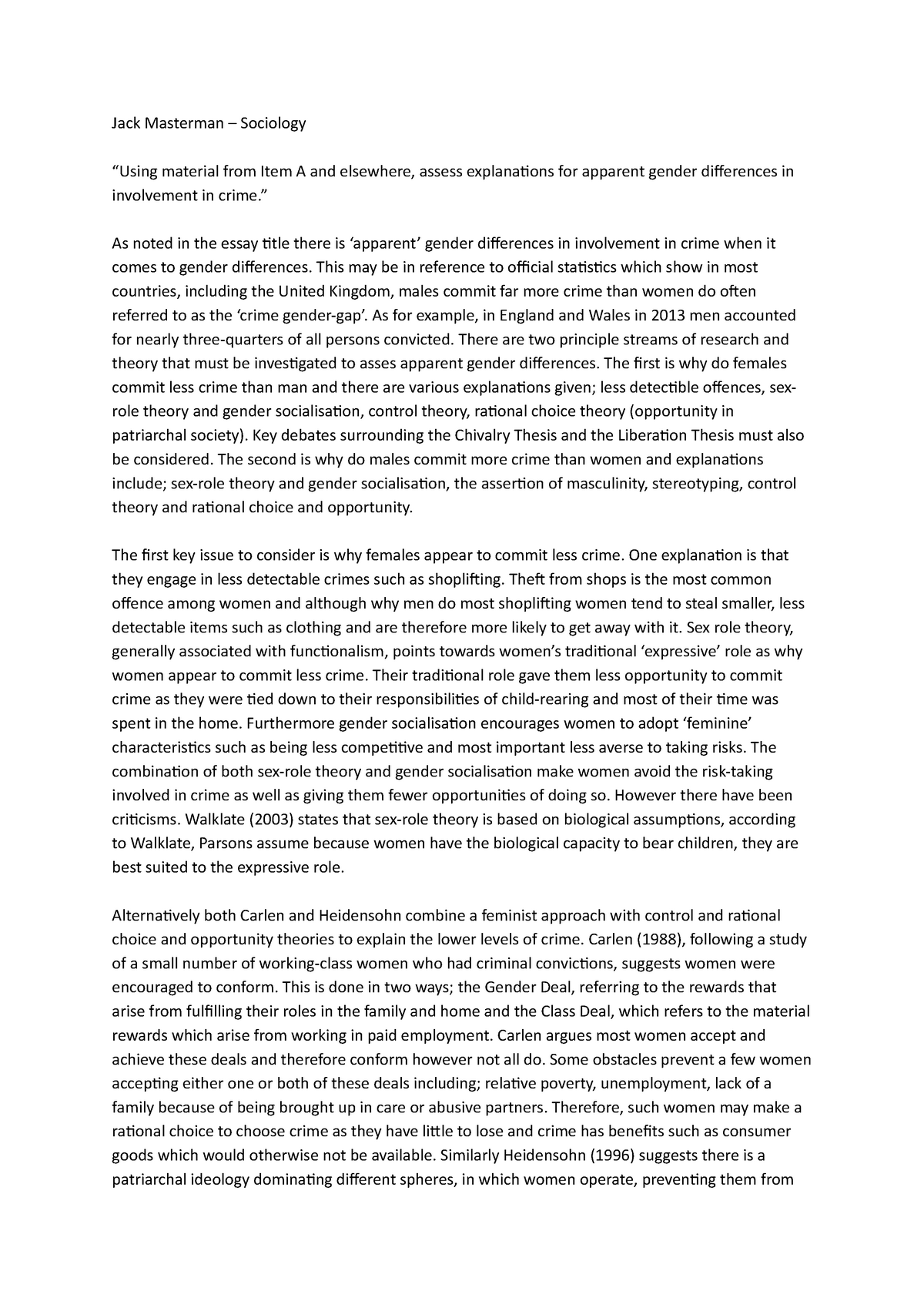 gender and crime essay sociology