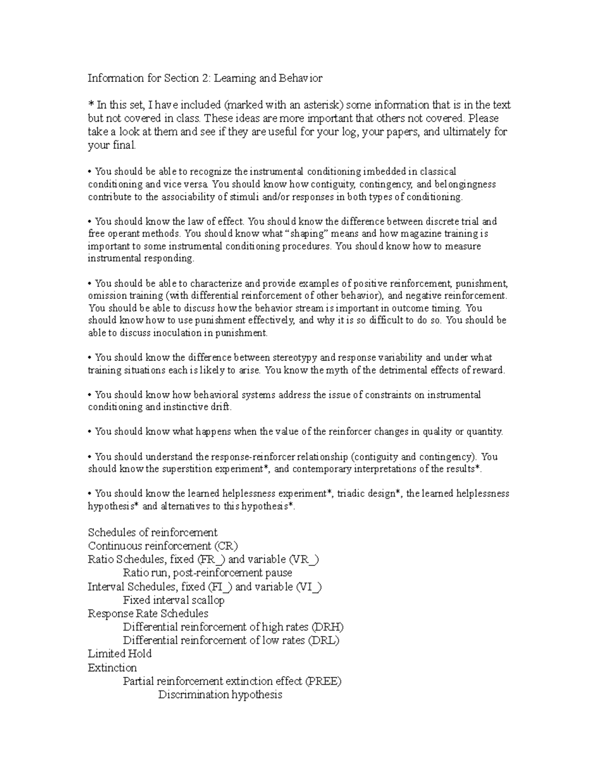 Information for section 2 learning and behavior F 20 - Information for ...