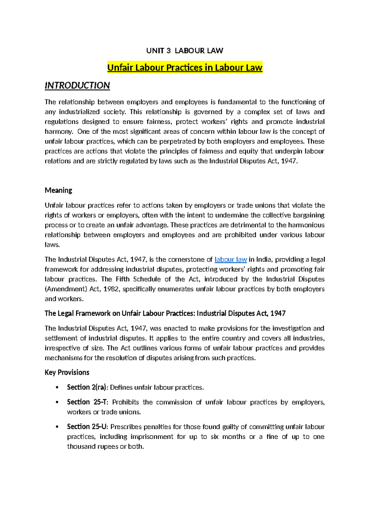 Remaininh unit 3& 4 7th sem notes - UNIT 3 LABOUR LAW Unfair Labour ...