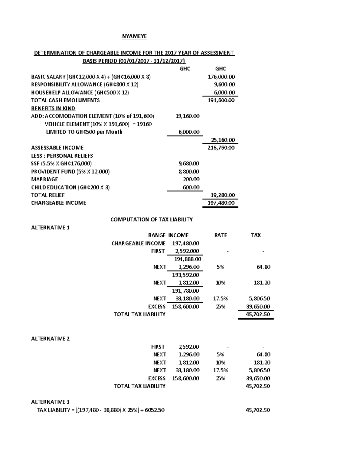 Employment Income Solutions - BASIC SALARY (GH¢12,000 X 4) + (GH¢16,000 ...