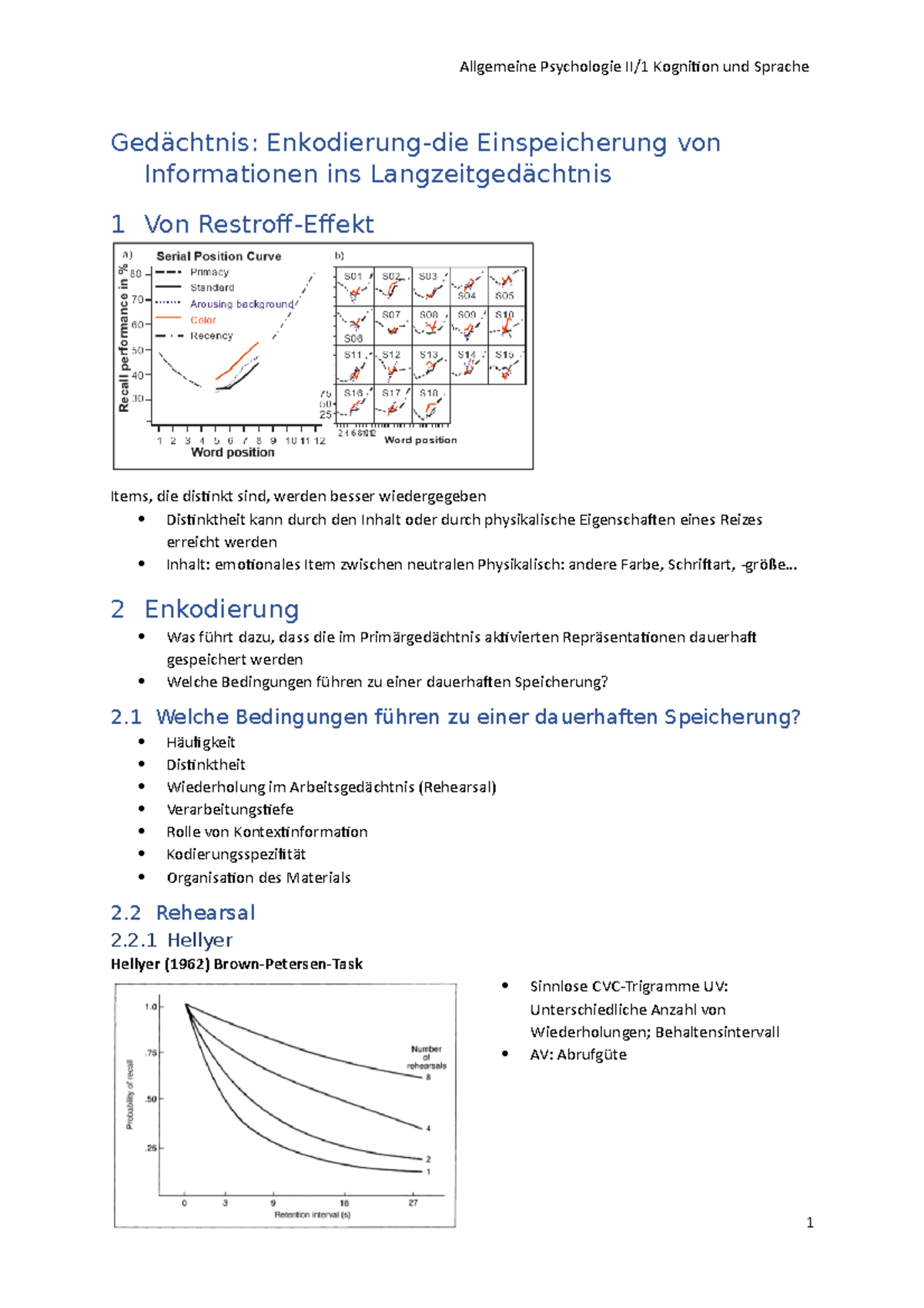 Sitzung 2 Gedächtnis Enkodierung-die Einspeicherung von Informationen ins Langzeitgedächtnis ...