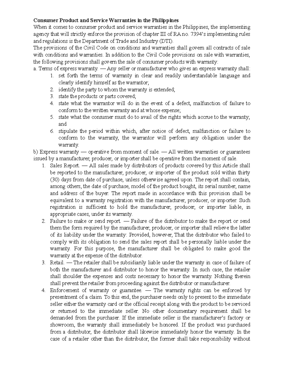 Additional Readings FOR Warranty Consumer Product and Service