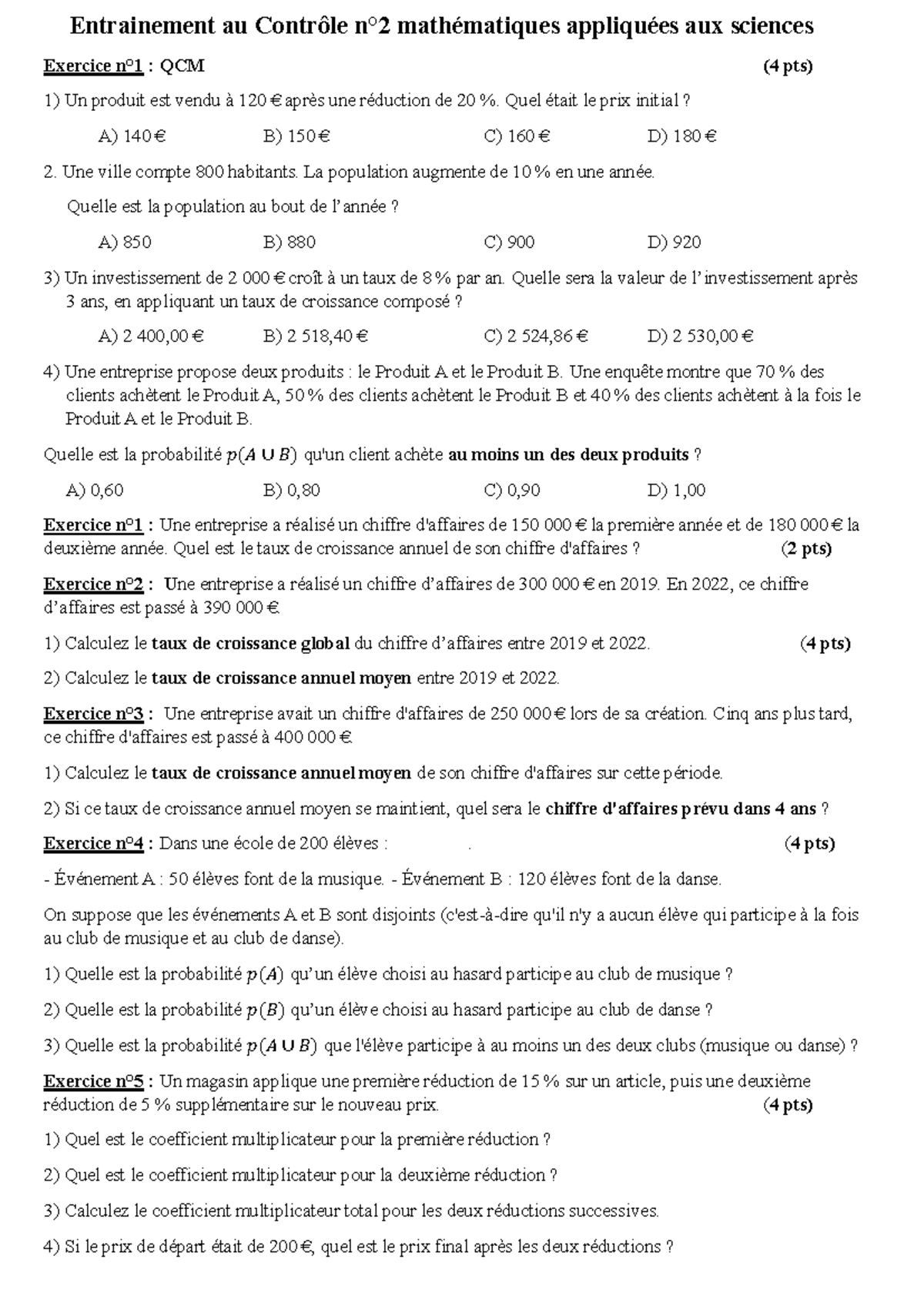 Exercices d ntrainement pour le CC2 - Entrainement au Contrôle n°2 ...