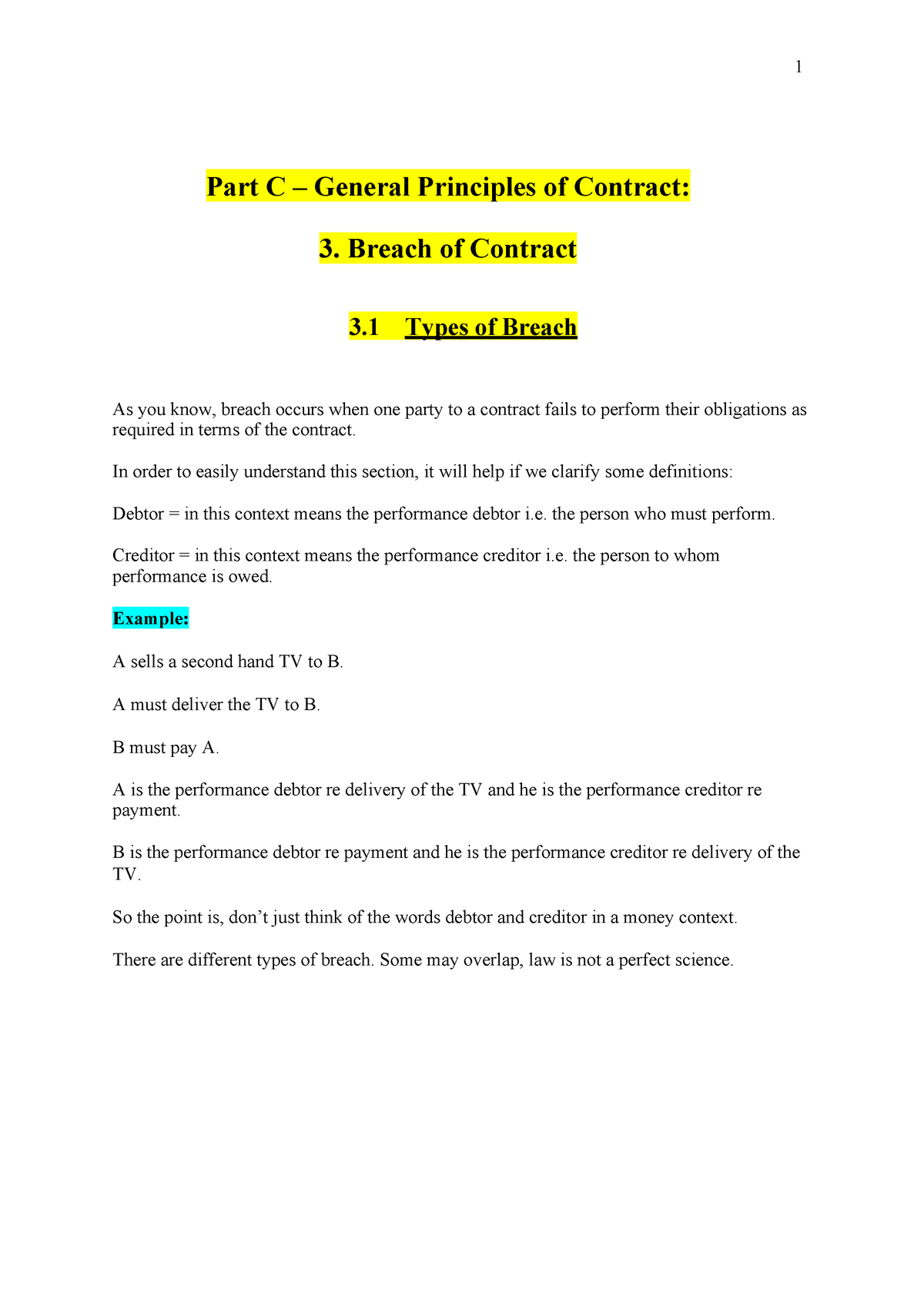 Week 10 - Breach Of Contract - Notes - Part C – General Principles Of ...