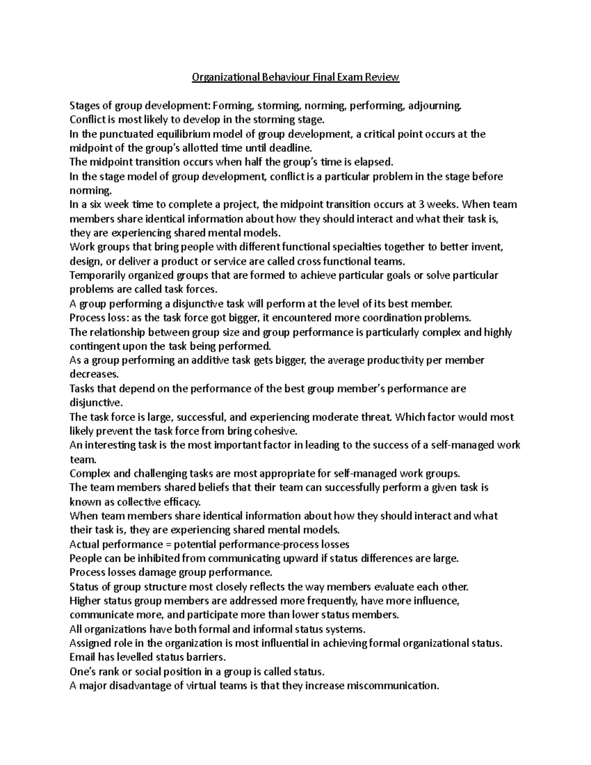 Organizational Behaviour Final Exam Review - Conflict is most likely to ...