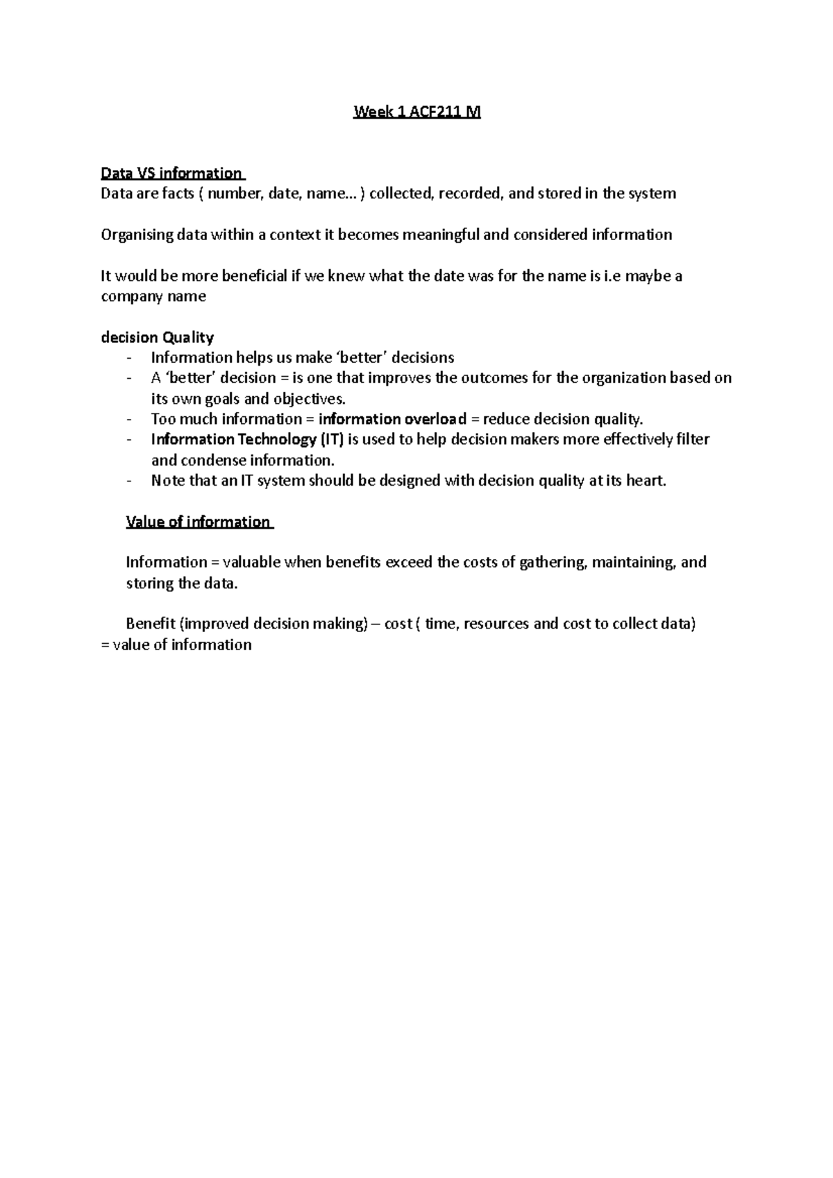 Week 1 - Lectue Notes Week 1 - Week 1 ACF211 M Data VS Information Data ...