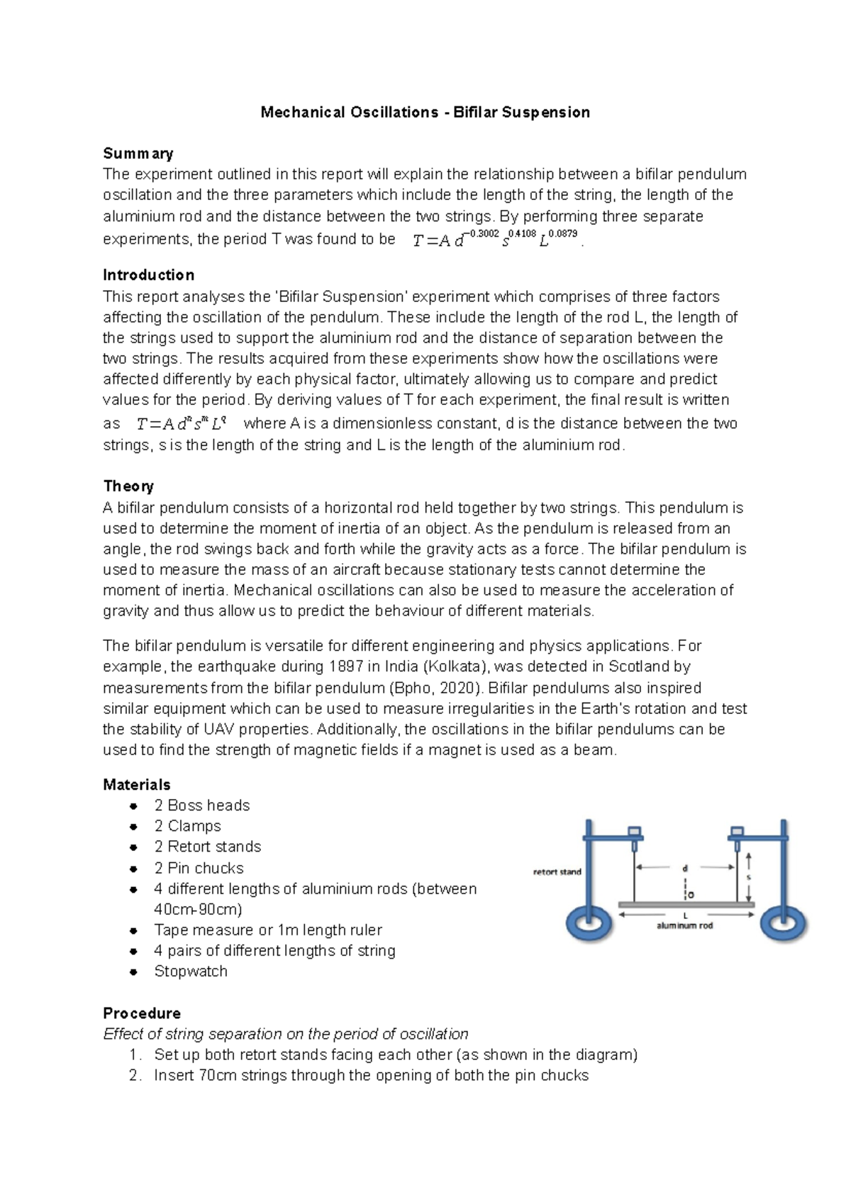 bifilar suspension experiment conclusion