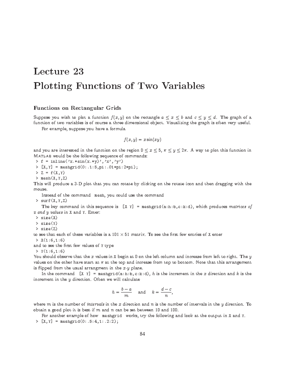Lecture 23 MATH 3600 Spring 2015 - Lecture 23 Plotting Functions of Two ...