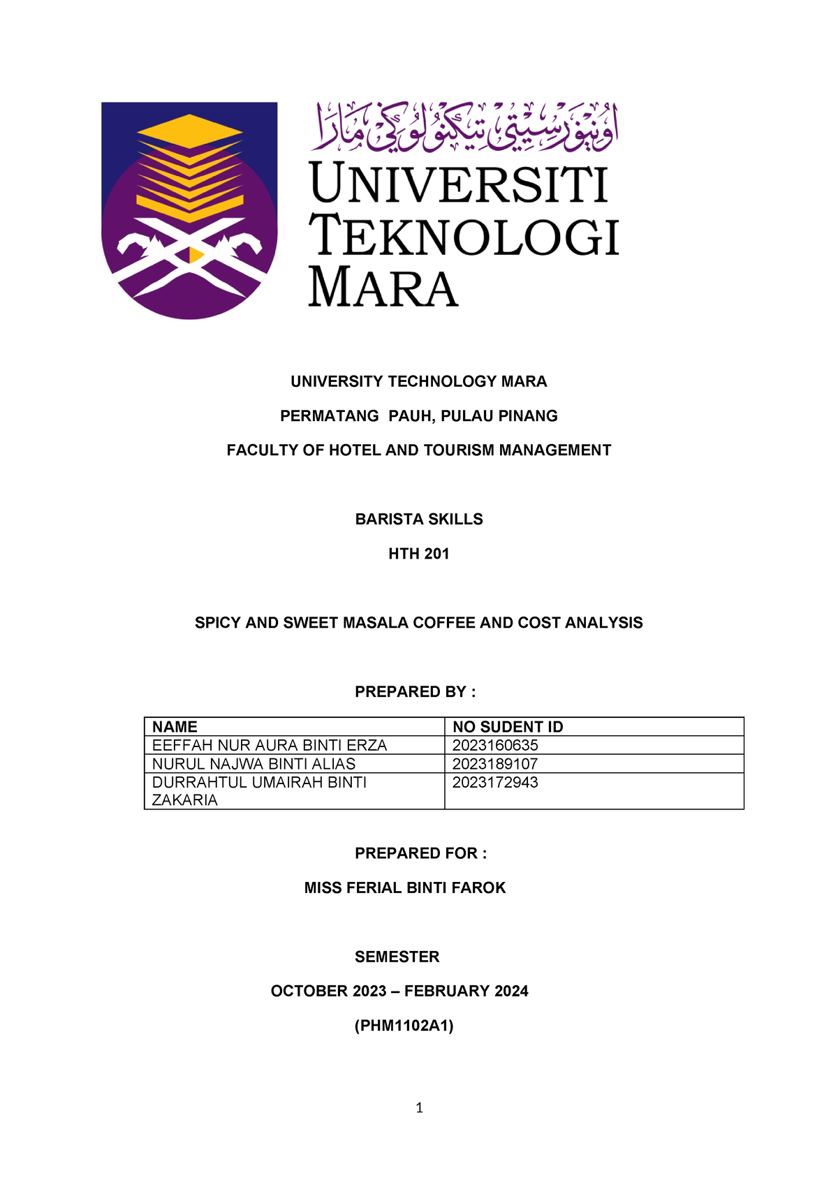 Barista Assignment (2) (2)-1 - UNIVERSITY TECHNOLOGY MARA PERMATANG ...