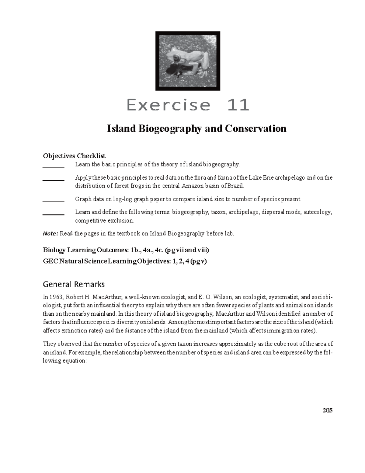 Ex. 9 Island Biogeography Exercise 11 Island Biogeography and